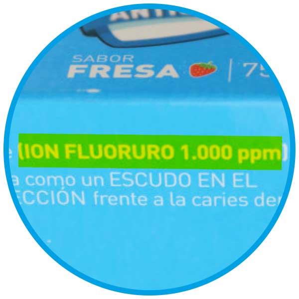 etiqueta de dentífrico infantil con 1.000 ppm de flúor