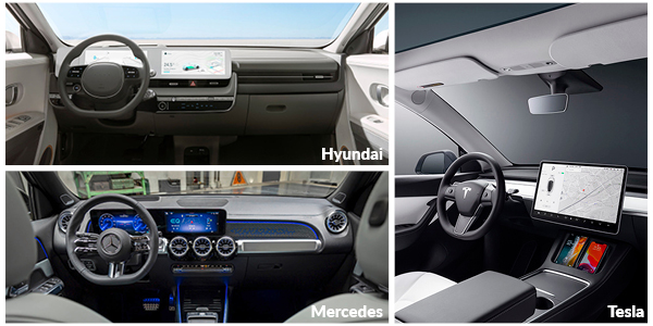 Cuadros de mandos de Tesla Model Y, Mercedes EBQ y Hyundai Ioniq 5
